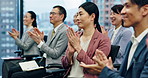 Office, applause and Asian business people in meeting for seminar, presentation and conference. Corporate, audience and Japanese men and women clapping hands for success, company growth and good news