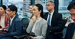 Asian people, meeting and seminar with team listening for presentation, conference or staff training at office. Japanese, group or employees with speaker for company vision or growth at convention