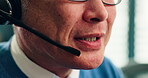 Man, call centre and mouth in Japan office, telemarketing and advisory for customer service. Mature person, closeup and online for global guide in workplace, talking and helping client at agency
