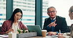 Business people, discussion and laptop with meeting, collaboration and documents for growth strategy. Japanese company, paperwork and infographics for partnership, teamwork proposal or review