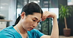 Japanese woman, nurse and headache with stress, burnout or mistake in hospital office. Frustrated, sad physician or medical healthcare person in anxiety, loss or failed surgery in clinic break room