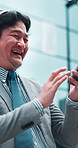 Business, city and happy man with phone, headphones and scroll with online streaming subscription. Laugh, smartphone and Japanese businessman with mobile app for music, podcast and urban connection
