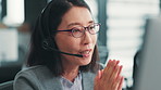 Japanese woman, call center and technical support with web help, tech and crm of staff at desk. Helpdesk consultant, online and worker with consultation,  telemarketing and headphones for job