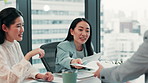 Business people, meeting and documents with discussion for company strategy, contract or proposal at office. Japanese, employees or colleagues with paperwork for corporate policy, offer or services
