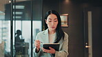 Japanese business woman, tablet and stylus for checklist, schedule and agenda in office. Female person, technology and walk as professional for corporate, development and career in project management