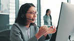 Business woman, telemarketing and customer support with web help, tech and crm of Japanese staff at desk. Sales consultant, online and worker with consultation, call center and headphones for job