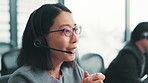 Business woman, telemarketing and consultation with web help, tech and crm support of Japanese staff at desk. Insurance consultant, online and worker with advice, call center and headphones for job
