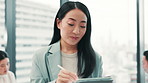 Woman, smile or tablet in office for business, planning or meeting agenda for company development. Japanese professional, tech or typing pen in workplace for website update, market research or review
