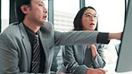 Business people, computer and team brainstorming for solution, planning and problem solving. Collaboration, office and Japanese manager in discussion on pc for finance, sales report or company budget