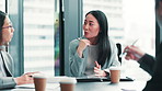Japanese woman, group meeting and discussion for business solution, brainstorming and progress update. Collaboration, planning project and leader with team, program manager and feedback in office