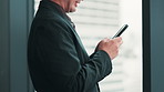 Hands of lawyer, man or phone in office for legal news, communication or networking online. Private equity, text or typing on mobile for case notification, approval email or deal negotiation in chat