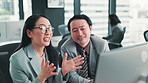 Japanese business people, computer and team brainstorming for solution, planning and problem solving. Collaboration, smile and project discussion on pc for finance, sales report and company budget