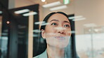 Japanese, business and woman for thinking by window with memory, corporate career and financial solution. Smile, female accountant and reflection for investment growth, inspiration and ideas in Japan