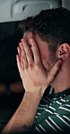 Police, car and night with man and anxiety for drunk driving, speeding and investigation fear. License check, crime and transport risk with law enforcement and person for dui, patrol and surveillance