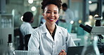 Scientist, woman and face with laptop notes for chemistry, experiment or medical research. Laboratory, smile and expert report with liquid inspection for pharmaceutical or pathology study progress