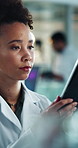 Woman, scientist or night with tablet for research, results or experiment trial at laboratory. Female person, science or medical employee working late on technology for health discovery, exam or test