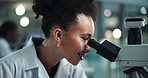 Scientist, woman and microscope with chemical, smile and chemistry for experiment and medical research. Laboratory, analysis and expert with liquid inspection test for pharmaceutical study success