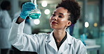 Scientist, woman and chemical beaker with notes for chemistry, experiment and medical research. Laboratory, analysis and expert with liquid inspection for pharmaceutical or pathology study progress