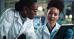Women, scientist and night with tablet for research, results or medical discovery at laboratory. Female people, team or working late with technology or checklist for science data, exam or test at lab