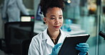 Scientist, woman and scroll with tablet notes for chemistry, experiment or medical research. Laboratory, smile and expert report with liquid inspection for pharmaceutical or pathology study progress