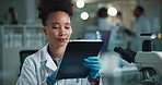 Scientist, woman and scroll with tablet report for chemistry, experiment or medical research. Laboratory, microscope and expert with liquid inspection for pharmaceutical or pathology study progress