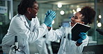 Scientist, women and tablet in lab with high five, cheers and medical research for pharmaceutical development. People, partner and touchscreen with success, vaccine and team with app for breakthrough