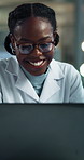 Scientist, black woman or night with laptop for research, study or good results at lab. African, female person or medical employee working late with computer or smile for new discovery or development