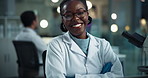 Scientist, black woman and microscope with arms crossed for research, experiment and medical chemistry. Chemical analysis, expert and face with inspection for pharmaceutical study and report