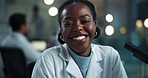Face, woman and scientist with microscope in laboratory for forensic, examination and experiment. Female person, doctor and smile in portrait on tech for analysis testing, results or medical research