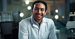 Face, man and scientist with microscope in laboratory for forensic, examination and experiment. Male person, doctor and happiness in portrait on tech for analysis testing, results or medical research