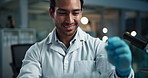 Scientist, man and test tube in lab for study, progress and chemical process for pharma project. Person, container and thinking with smile for drugs, vaccine and experiment with medical research