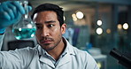 Science, man and beaker in laboratory, microscope and medical research with pharma development at night. Person, container and thinking with problem solving, vaccine and drugs study with liquid