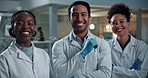 Scientist, group and people with face in lab with diversity, connection and synergy for medical research. Man, women and teamwork with portrait, happy and excited for vaccine in pharmaceutical career