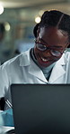 Scientist, black woman or laptop with research for study, experiment or results at lab. African, female person or medical worker writing with computer for healthcare test, exam or science development