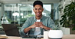 Smile, portrait and man in office with laptop, confidence and technology at creative business startup. Happy, pride and professional website designer at desk for online planning at digital agency