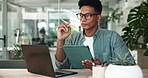 Man, tablet and designer in agency for thinking, project management and brainstorming at laptop. Creative person, tech and idea in design office for business growth, productivity or positive feedback