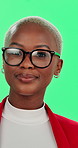 Black woman, green screen and vision with glasses for optometry, consultation and face for decision. African person, spectacles and eye wear in studio for ophthalmology for frame and lens choice