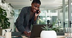 Smile, laptop and black woman in office with phone call for business contact, planning or networking. Communication, smartphone and consultant at desk for online schedule discussion at digital agency
