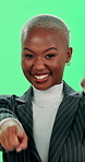 Female person, face and excited with green screen, winner and pointing for invitation or choice. African woman, portrait and happiness for announcement, celebration and promotion on studio background