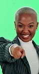 Black person, face and excited with green screen, winner and pointing for invitation or choice. African woman, portrait and happiness for announcement, celebration and promotion on studio background