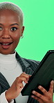 Black woman, face or tablet at green screen with surprise, good news or positive feedback for business. Professional, tech or shocked at chromakey space for promotion, economy growth or corporate win