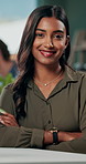 Arms crossed, face and smile with business woman in office for social media manager, networking and typing. Confidence, professional and creative with person for online, pride and public relations