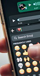 Hands, phone screen and heart emoji in message for love, romantic conversation and online dating relationship. Closeup, person and smartphone with communication, networking and chat with connection