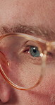 Glasses, reading and vision with business man in office for reflection, idea and planning. Research, inspiration and frames with closeup of eyes of person in agency for lens, perception and review 