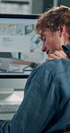 Shoulder pain, back and business man in office for stress, burnout and emergency. Muscle injury, overworked and accident with male employee frustrated in agency for tired, fatigue or tendinitis