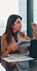 Meeting, documents and growth with business woman in office for research, paperwork or advice. Consultant, financial advisor and broker report with people in corporate firm for company revenue profit