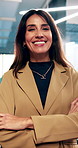 Crossed arms, happy and face of business woman in office smile for about us, pride and professional job. Company administrator, corporate and portrait of person with confidence, ambition and career