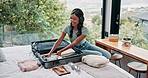 Female person, headphones and music with luggage, suitcase and packing for vacation or holiday trip. Happy woman, dancing and home in bedroom for travel, tourism and destination as university student