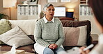 Mental health, mature woman and therapist in office, trauma and counselling for client, talking and service. Consultation, story and psychologist with patient, help and people in clinic and advice