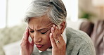 Stress, headache and woman at psychologist for burnout, depression or grief mental health. Upset, frustration and female person with emotions at therapy office for anxiety counseling for medical help